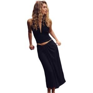 NWT Free People Black Midi Pencil Skirt with Draped Detail Size LARGE